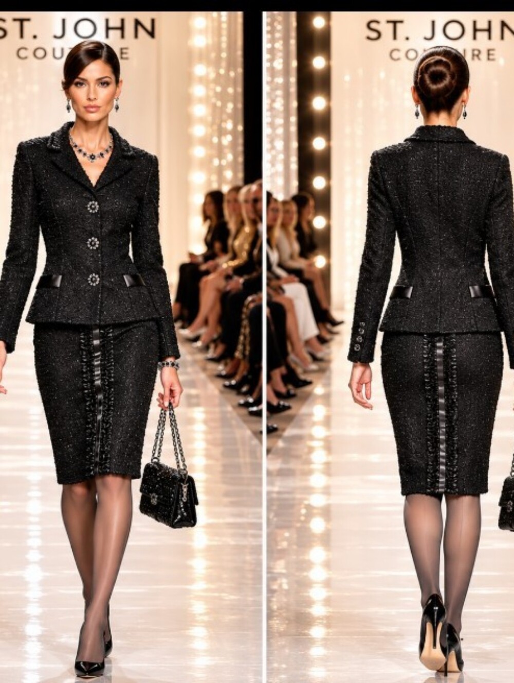 Rare Stunning St John Couture 8/6 Black Tweed Boucle Ribbon Buttons Skirt Suit